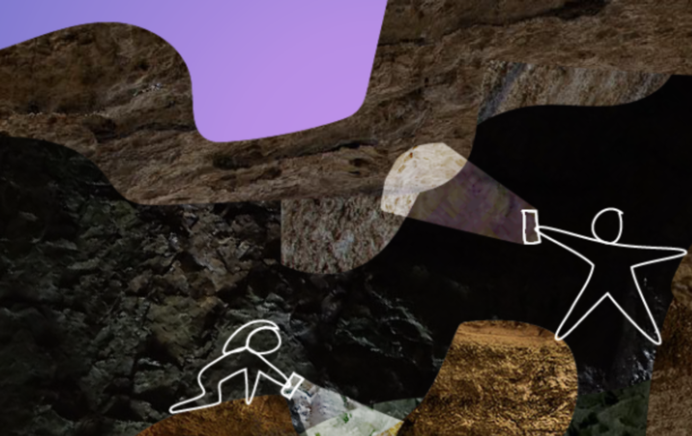 Cartoon drawings of people inside of a cave, exploring by the light of their cell phones