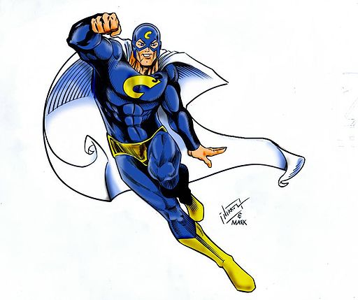 A superhero man with light skin, wearing a blue and yellow suit with a white cape. He's jumping into the air with his fist raised